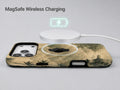Sepia Mountain Pagoda MagSafe Loop iPhone Case shown with a MagSafe-compatible wireless charger attached