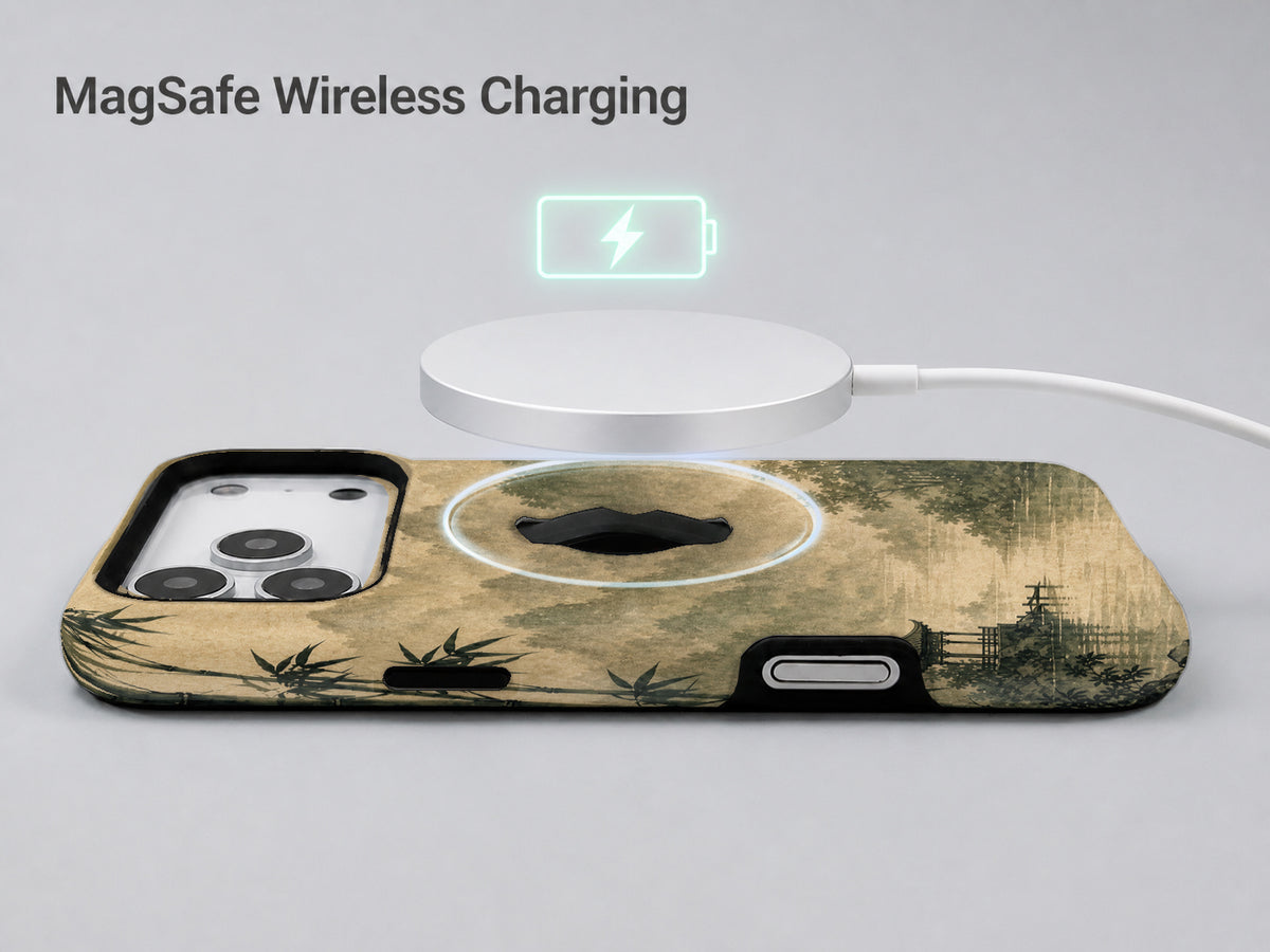 Sepia Mountain Pagoda MagSafe Loop iPhone Case shown with a MagSafe-compatible wireless charger attached
