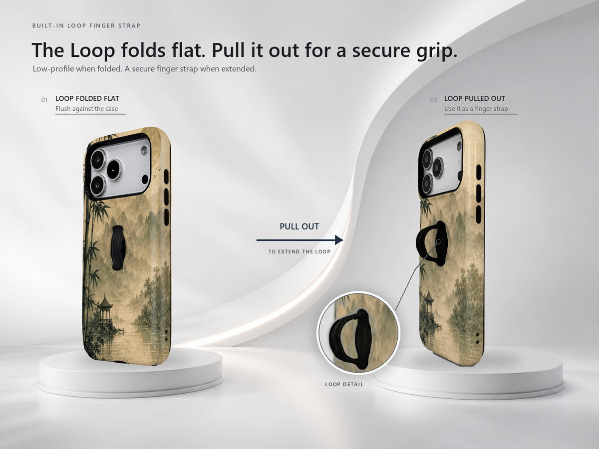 Sepia Mountain Pagoda MagSafe Loop iPhone Case side view showing the built-in finger loop