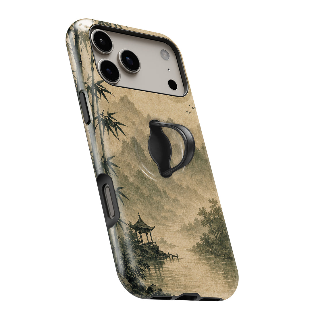 Sepia Mountain Pagoda MagSafe Loop iPhone case with built-in finger loop open