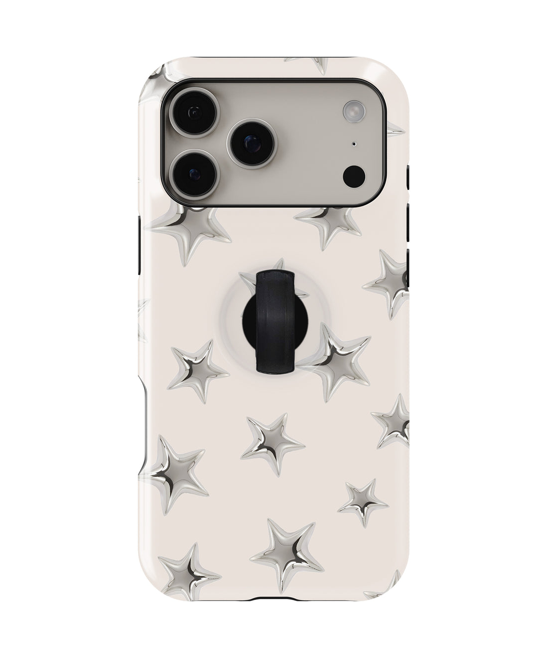 Silver Puffy Star MagSafe Loop iPhone Case with built-in finger loop closed