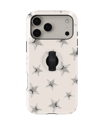 Silver Puffy Star MagSafe Loop iPhone Case with built-in finger loop closed