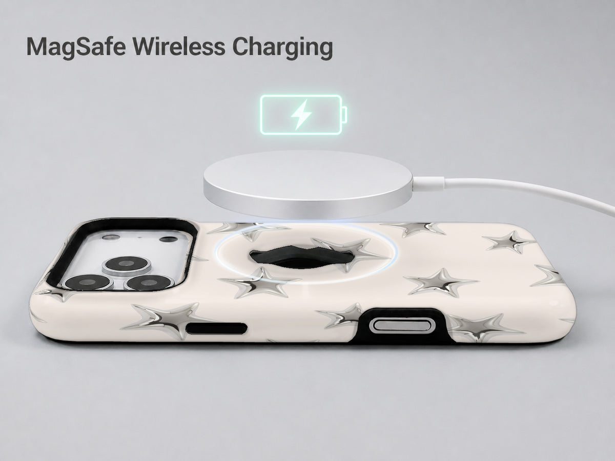 Silver Puffy Star MagSafe Loop iPhone Case shown with a MagSafe-compatible wireless charger attached