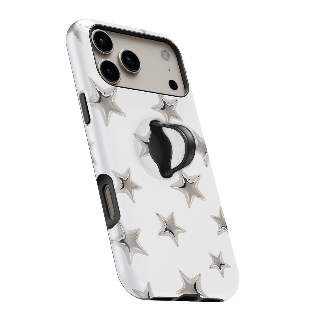 Silver Puffy Star MagSafe Loop iPhone case with built-in finger loop open