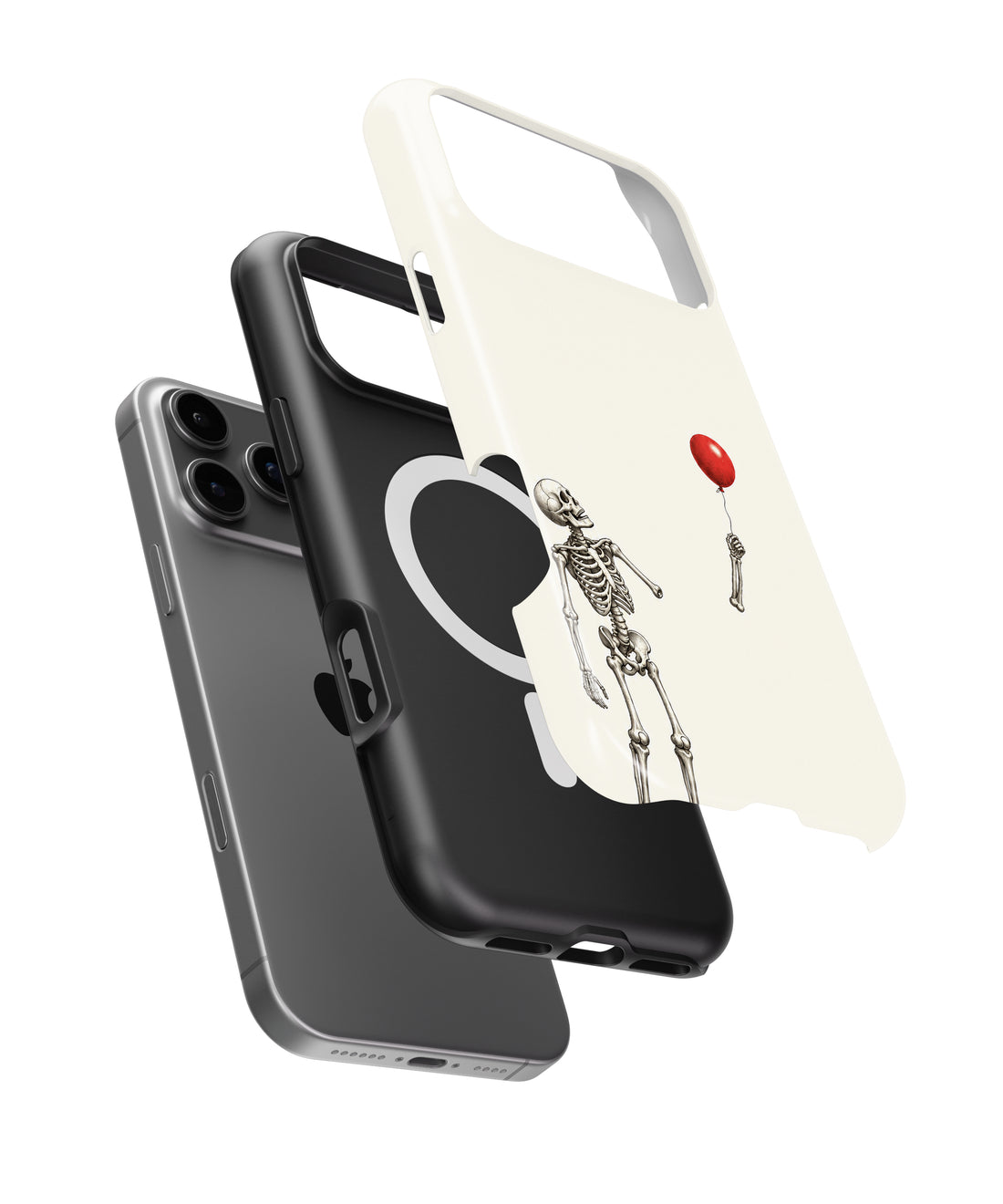 Skeleton with Red Balloon MagSafe iPhone Tough Case, exploded view showing outer shell, inner layer and magnetic ring