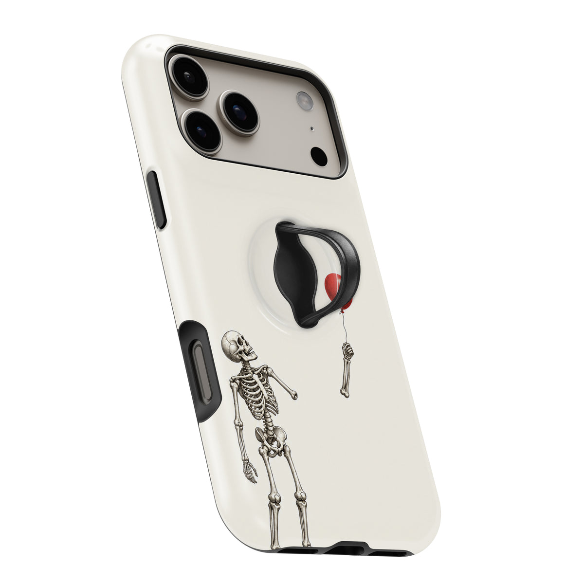 Skeleton with Red Balloon MagSafe Loop Case, angled view with finger loop extended