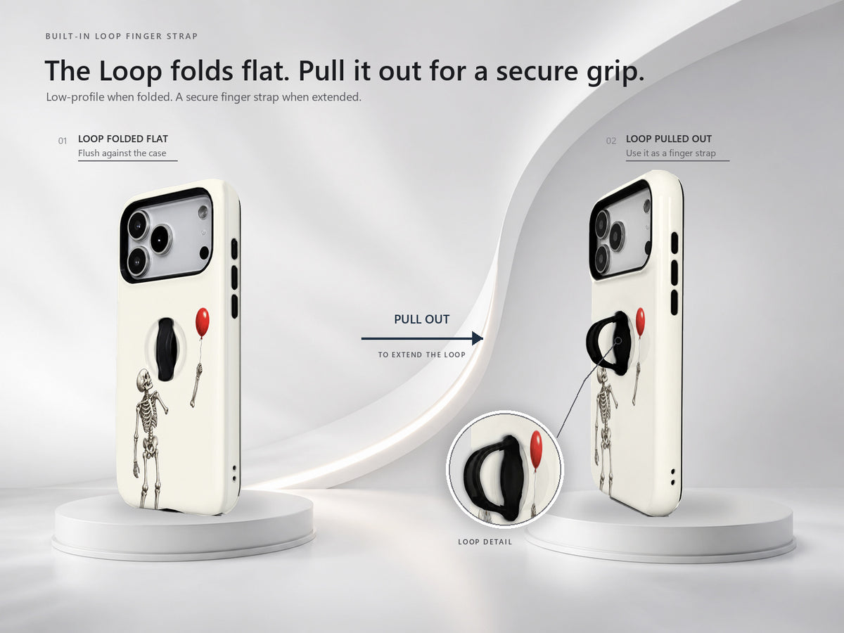 Skeleton with Red Balloon MagSafe Loop Case, finger loop folded and extended positions