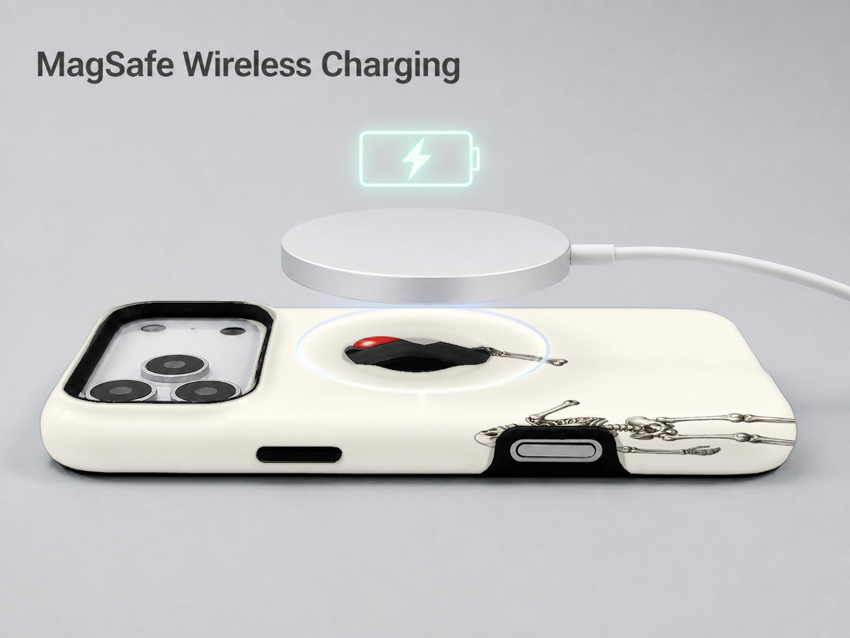 Skeleton with Red Balloon MagSafe Loop Case, shown with a MagSafe wireless charger