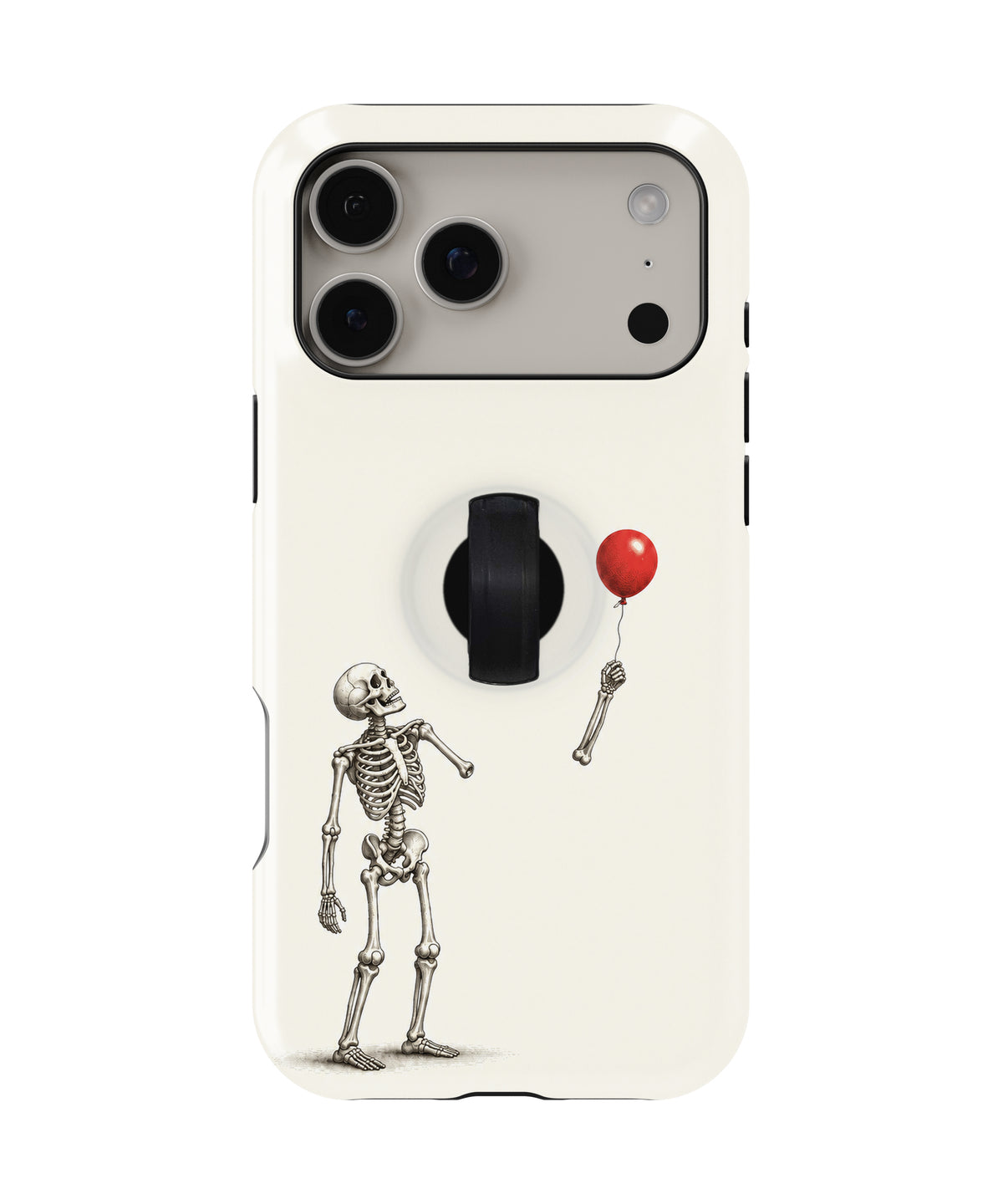 Skeleton with Red Balloon MagSafe Loop Case, rear view with finger loop folded flat