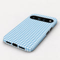 Sky Blue and White Gingham Google Pixel Case - angled bottom view