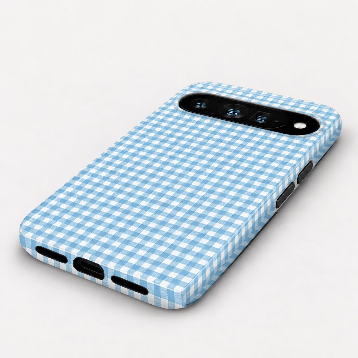 Sky Blue and White Gingham Google Pixel Case - angled bottom view