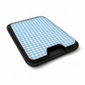 Sky Blue and White Gingham MagSafe Card Holder, angled view showing the thumb access opening