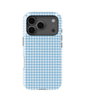 Sky Blue and White Gingham MagSafe iPhone Tough Case, rear view, iPhone17-18Pro model image group