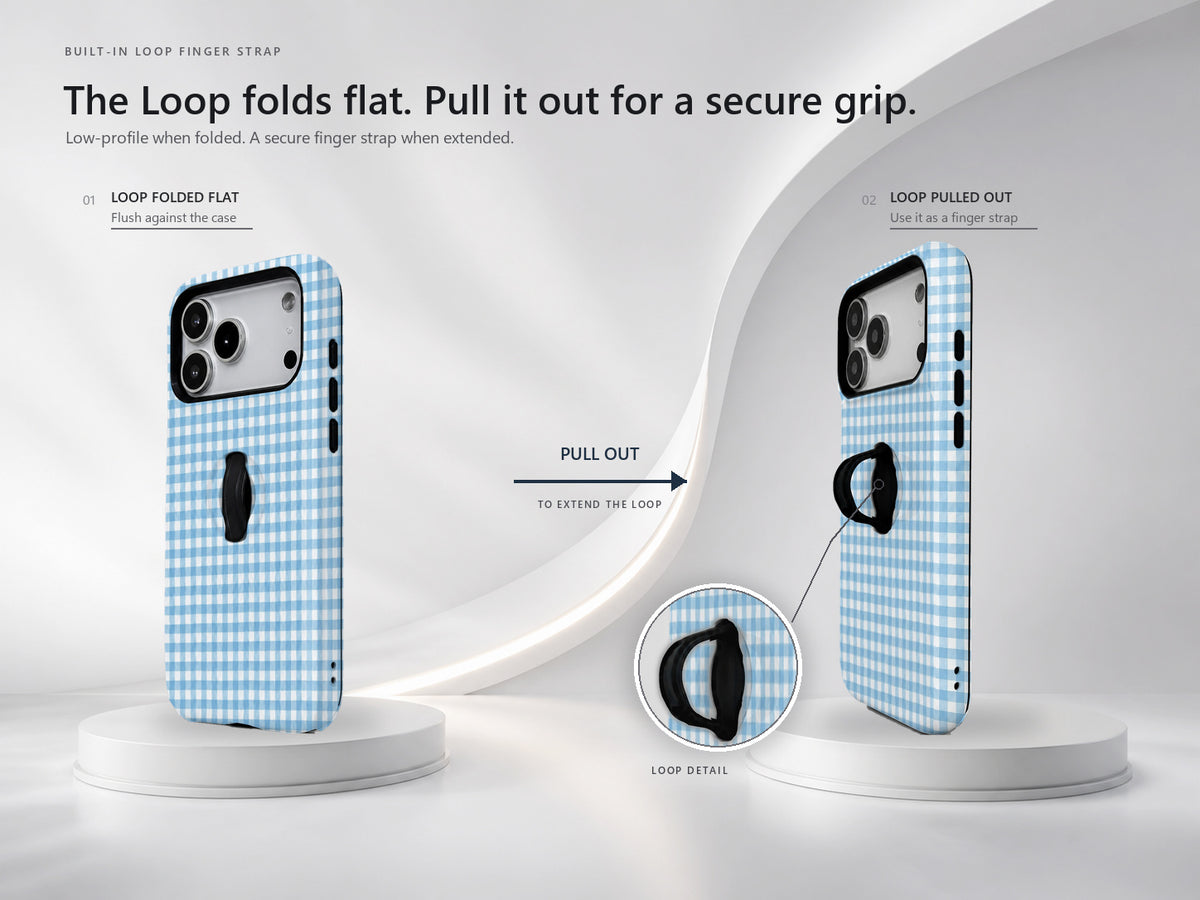 Sky Blue and White Gingham MagSafe Loop Case, finger loop folded and extended positions