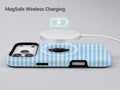 Sky Blue and White Gingham MagSafe Loop Case, shown with a MagSafe wireless charger