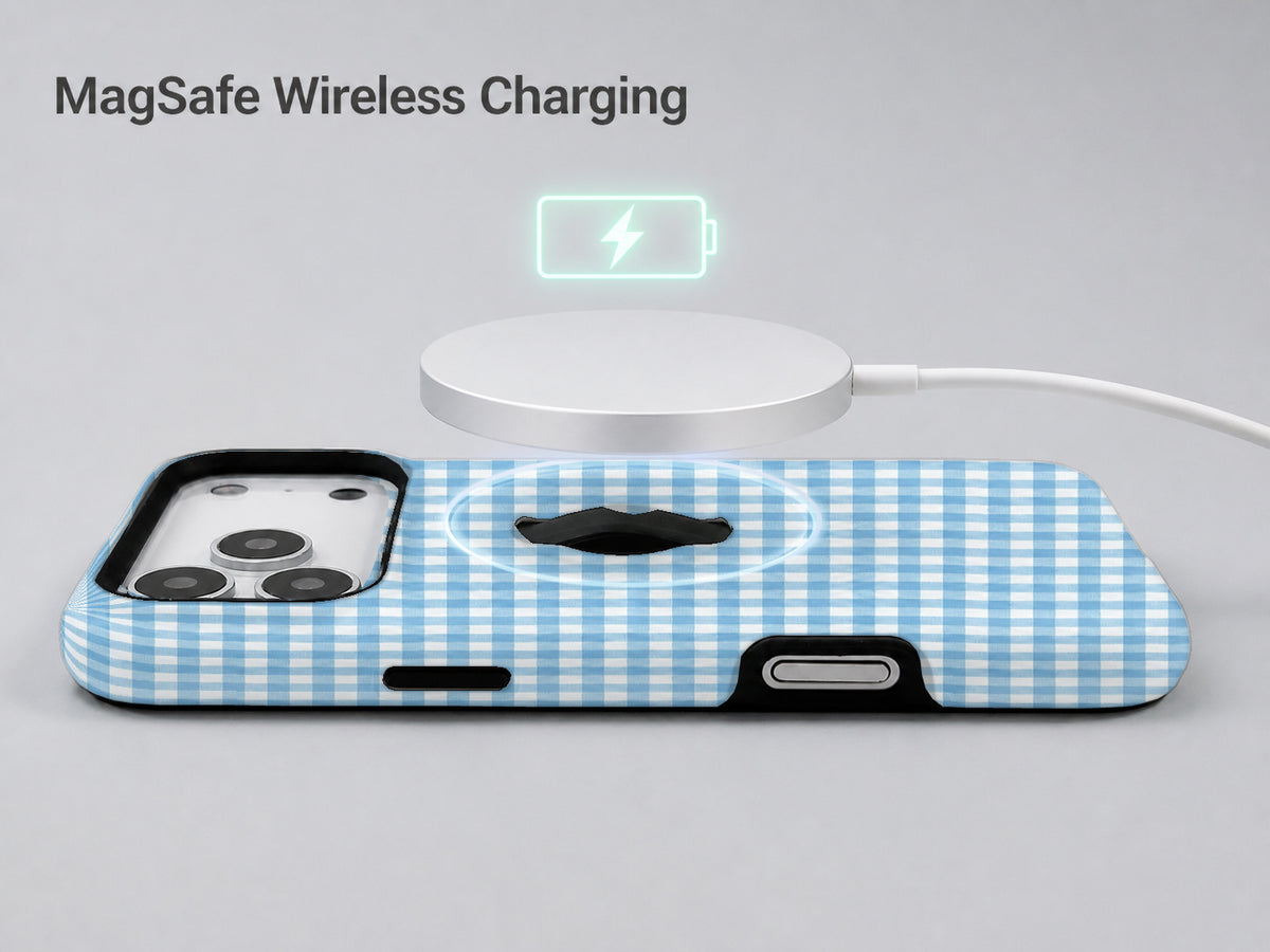 Sky Blue and White Gingham MagSafe Loop Case, shown with a MagSafe wireless charger
