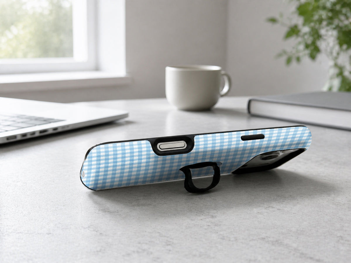 Sky Blue and White Gingham MagSafe Loop Case, shown as a hands-free kickstand