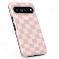 Soft Blush Wavy Checkerboard Google Pixel case with repeating checkerboard blocks
