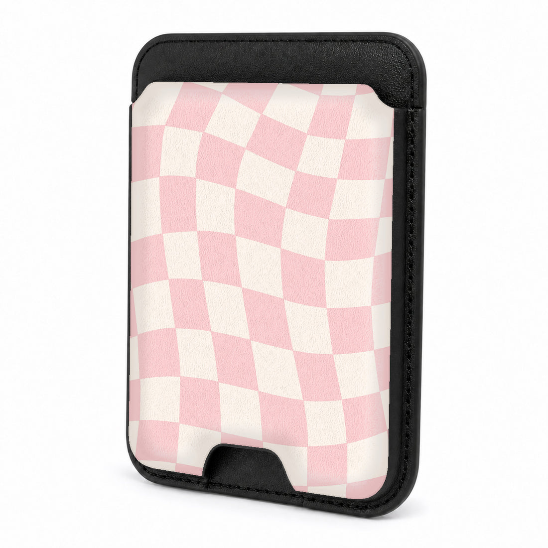 Front view of the Soft Blush Wavy Checkerboard MagSafe card holder on a white background