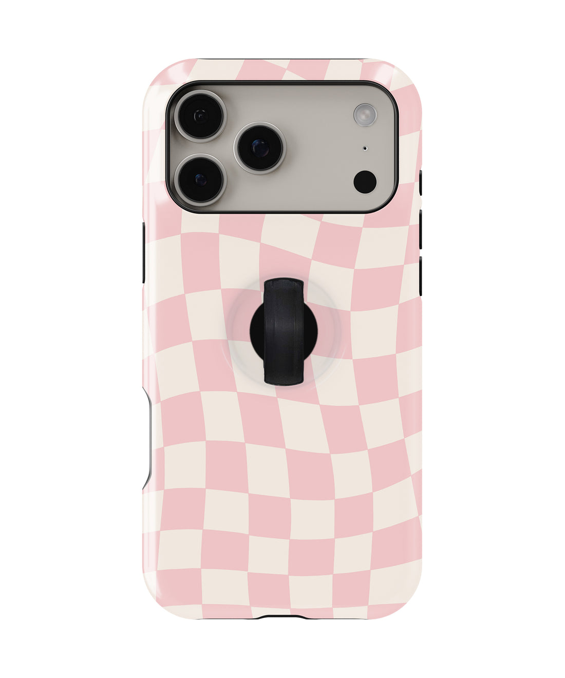 Soft Blush Wavy Checkerboard MagSafe Loop iPhone Case with built-in finger loop closed