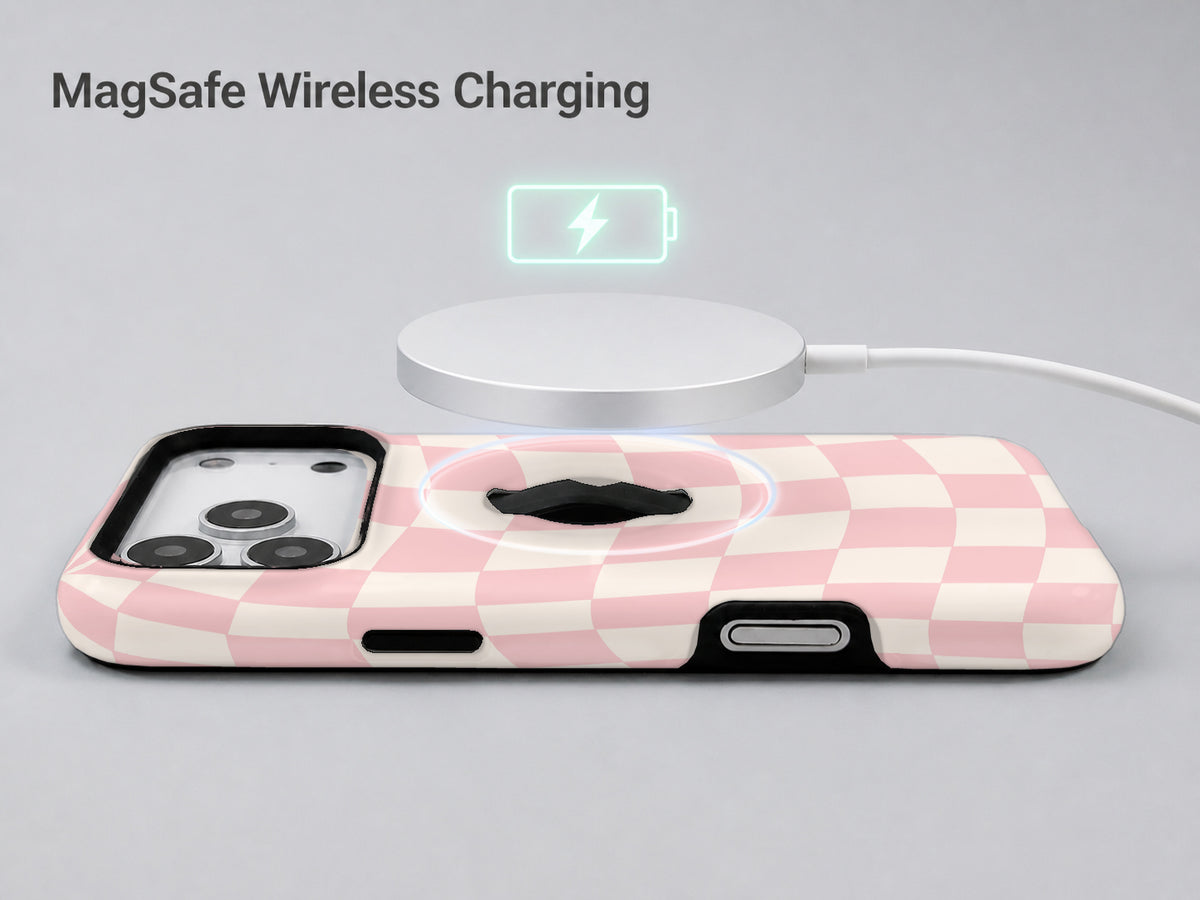 Soft Blush Wavy Checkerboard MagSafe Loop iPhone Case shown with a MagSafe-compatible wireless charger attached