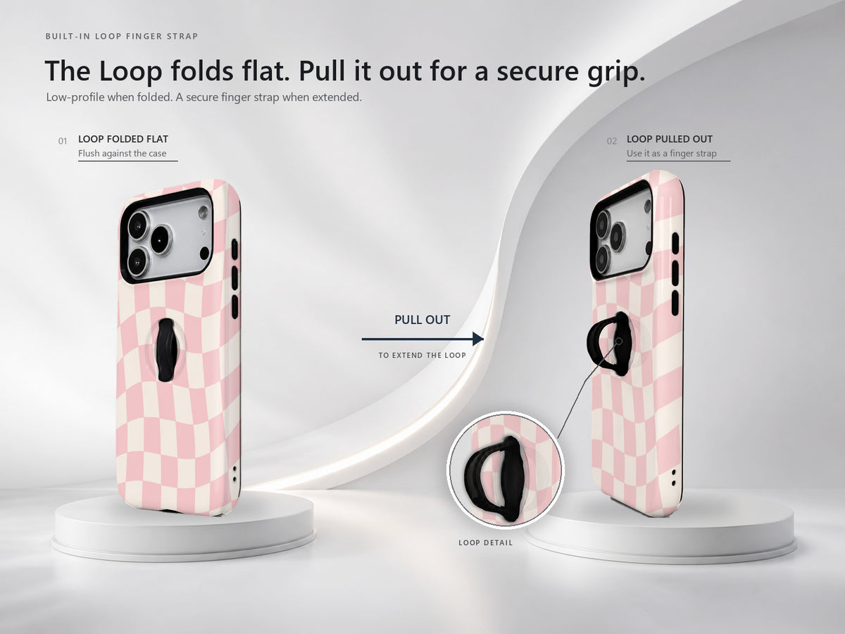 Soft Blush Wavy Checkerboard MagSafe Loop iPhone Case side view showing the built-in finger loop