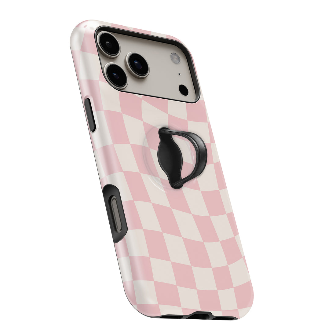 Soft Blush Wavy Checkerboard MagSafe Loop iPhone case with built-in finger loop open