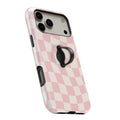 Soft Blush Wavy Checkerboard MagSafe Loop iPhone case with built-in finger loop open