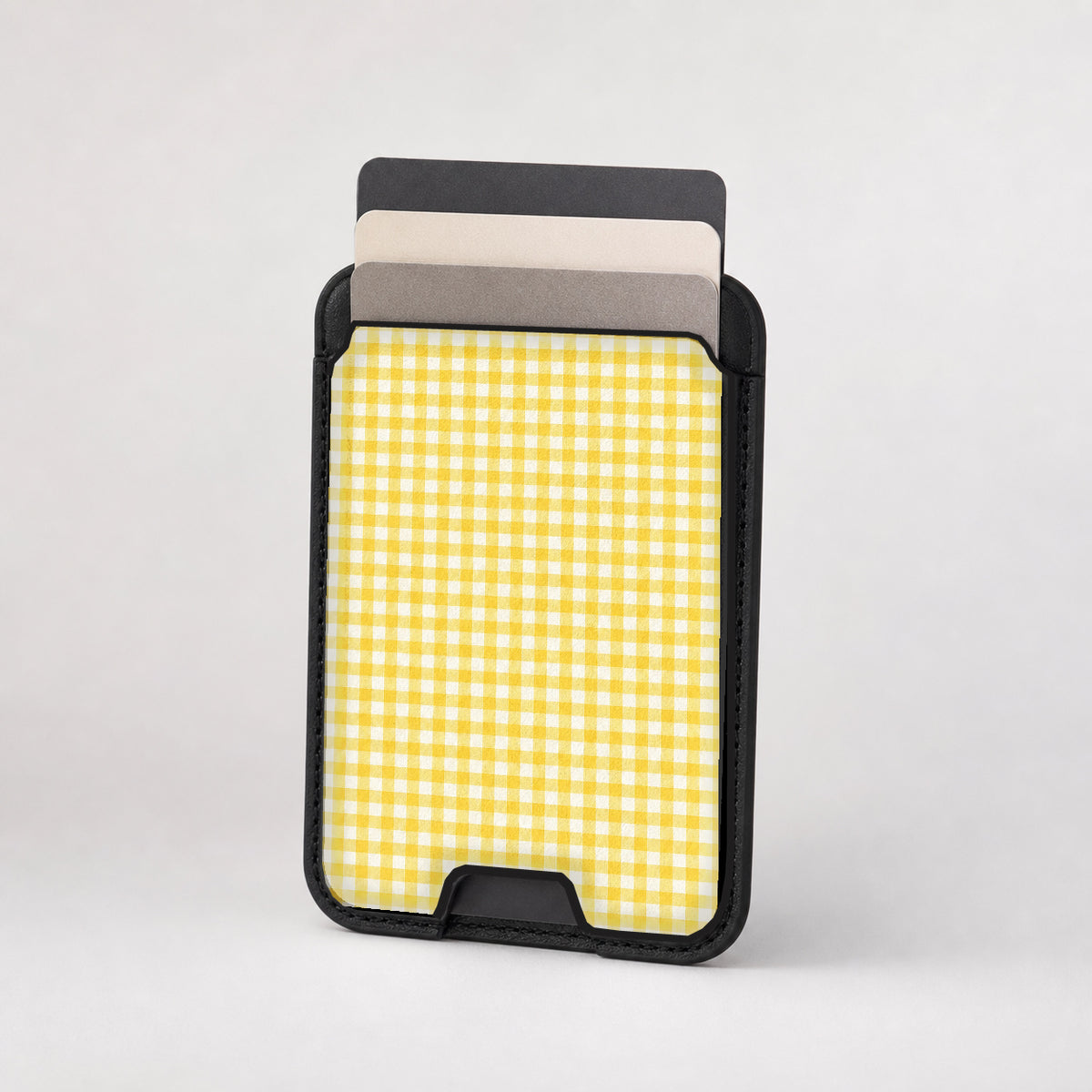 Sunflower Yellow and White Gingham MagSafe Card Holder, card storage shown with cards