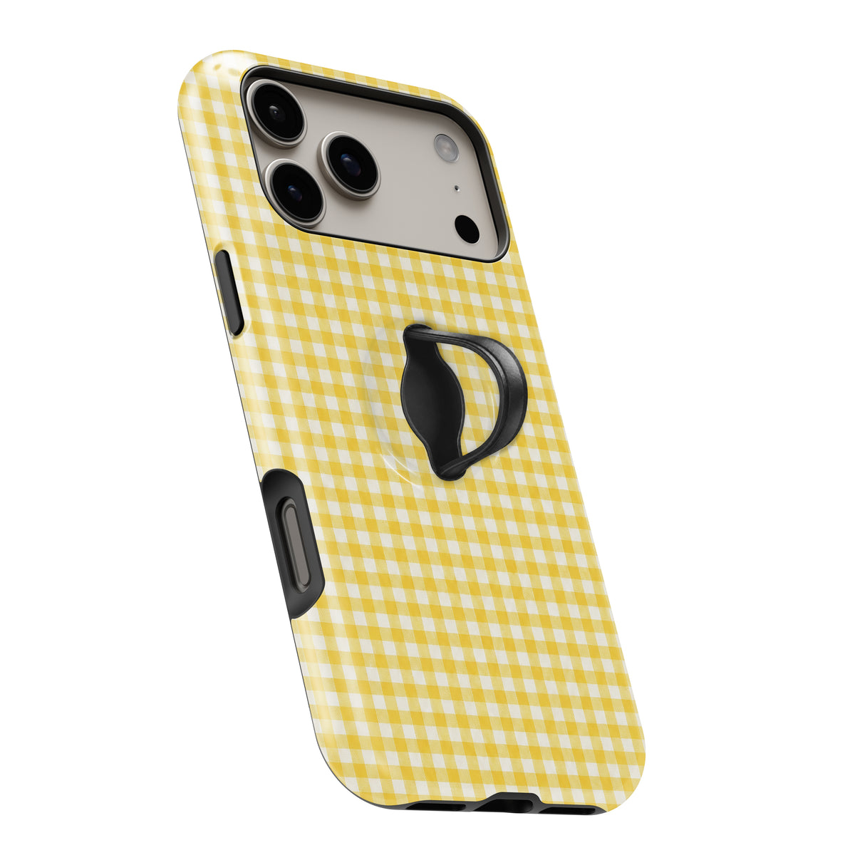 Sunflower Yellow and White Gingham MagSafe Loop Case, angled view with finger loop extended