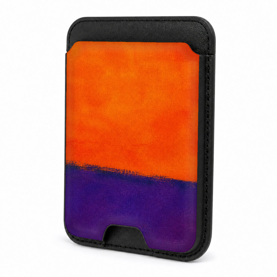 Front view of the Tangerine Purple Color Block MagSafe card holder on a white background