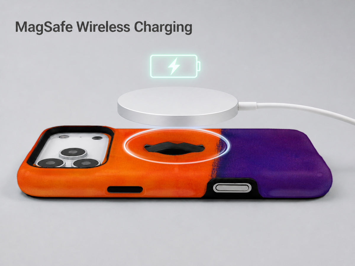 Tangerine Purple Color Block MagSafe Loop iPhone Case shown with a MagSafe-compatible wireless charger attached