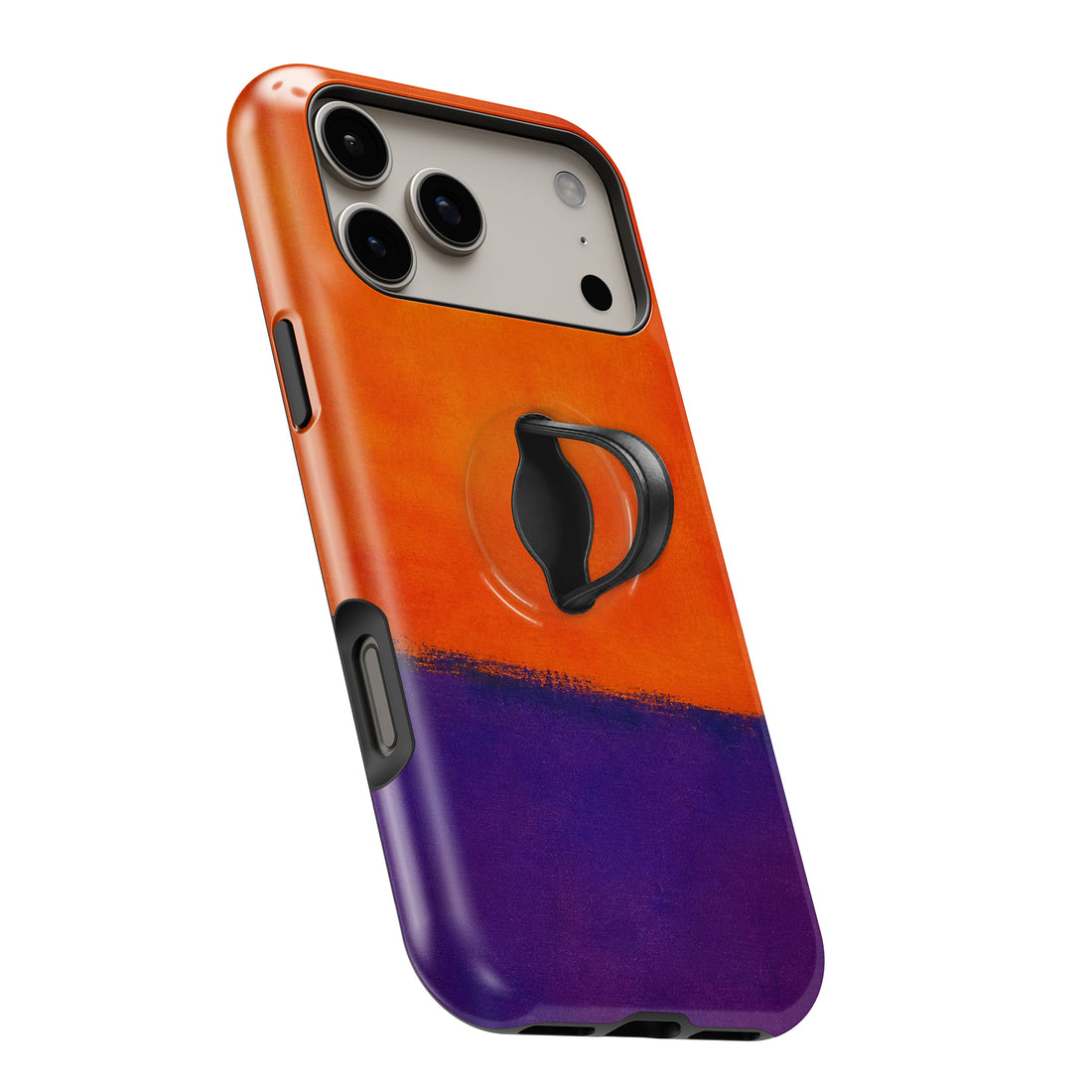 Tangerine Purple Color Block MagSafe Loop iPhone case with built-in finger loop open