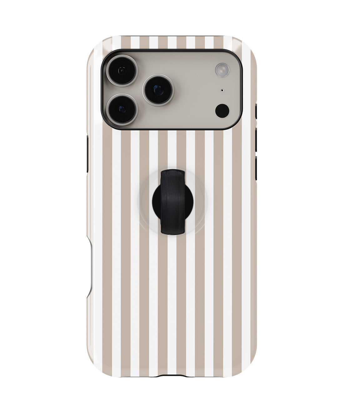 Taupe Pinstripe MagSafe Loop iPhone Case with built-in finger loop closed