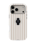 Taupe Pinstripe MagSafe Loop iPhone Case with built-in finger loop closed