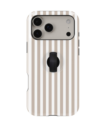 Taupe Pinstripe MagSafe Loop iPhone Case with built-in finger loop closed