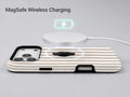 Taupe Pinstripe MagSafe Loop iPhone Case shown with a MagSafe-compatible wireless charger attached