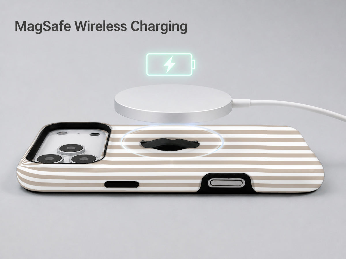 Taupe Pinstripe MagSafe Loop iPhone Case shown with a MagSafe-compatible wireless charger attached