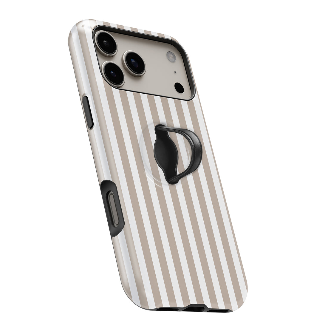 Taupe Pinstripe MagSafe Loop iPhone case with built-in finger loop open