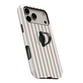 Taupe Pinstripe MagSafe Loop iPhone case with built-in finger loop open