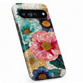 Teal Pink Stained Glass Floral Google Pixel case with botanical flowers and leaves