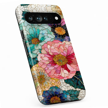 Teal Pink Stained Glass Floral Google Pixel case with botanical flowers and leaves