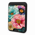 Front view of the Teal Pink Stained Glass Floral MagSafe card holder on a white background