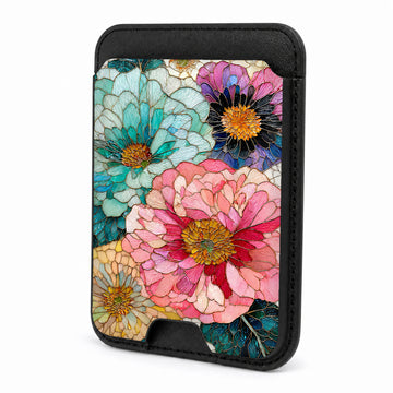 Front view of the Teal Pink Stained Glass Floral MagSafe card holder on a white background