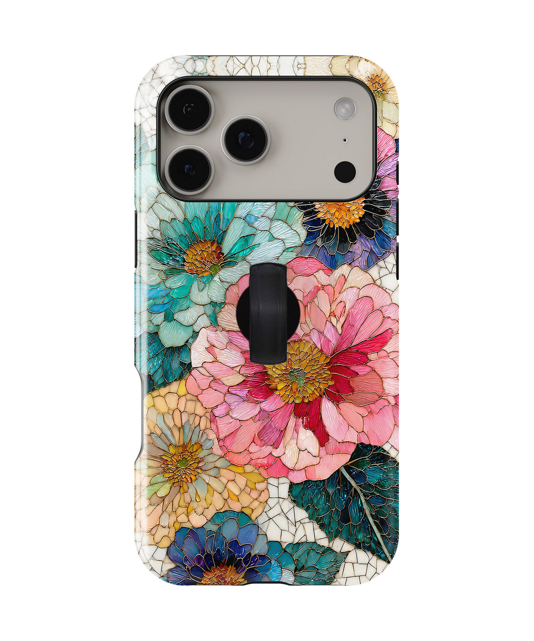 Teal Pink Stained Glass Floral MagSafe Loop iPhone Case with built-in finger loop closed