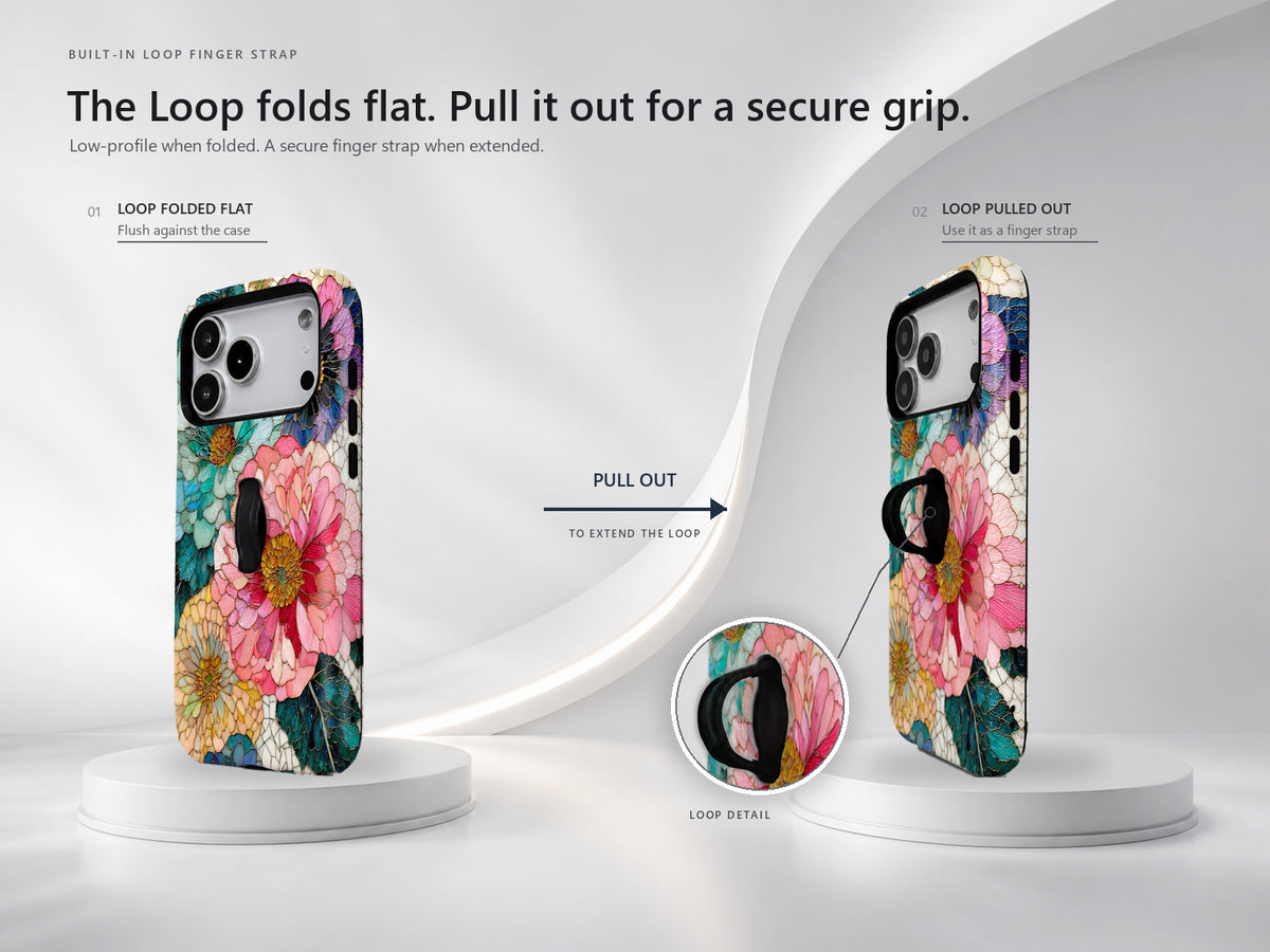 Teal Pink Stained Glass Floral MagSafe Loop iPhone Case side view showing the built-in finger loop
