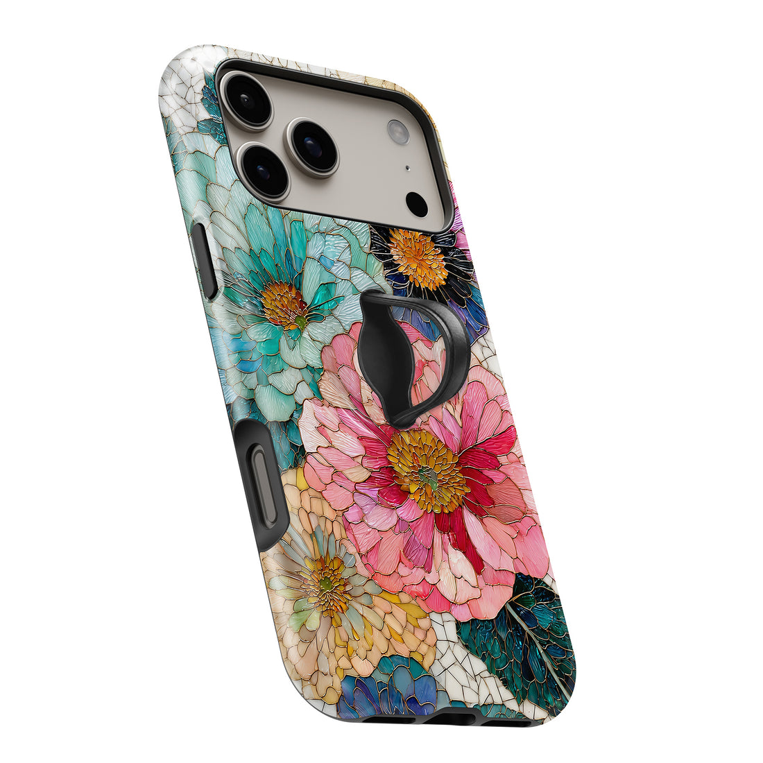 Teal Pink Stained Glass Floral MagSafe Loop iPhone case with built-in finger loop open