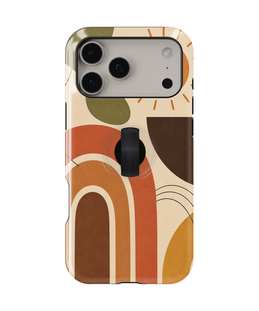 Terracotta Boho Arch MagSafe Loop iPhone Case with built-in finger loop closed
