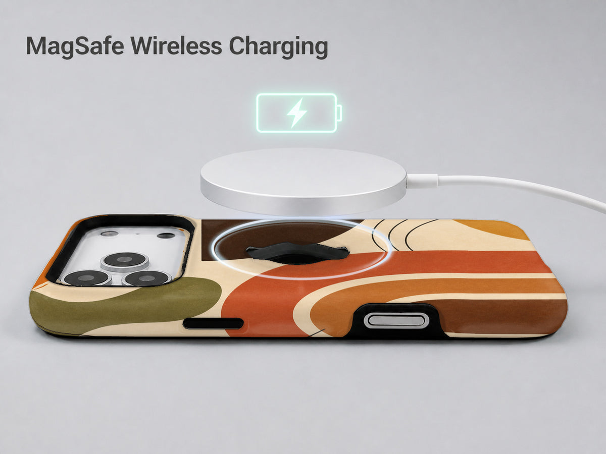Terracotta Boho Arch MagSafe Loop iPhone Case shown with a MagSafe-compatible wireless charger attached