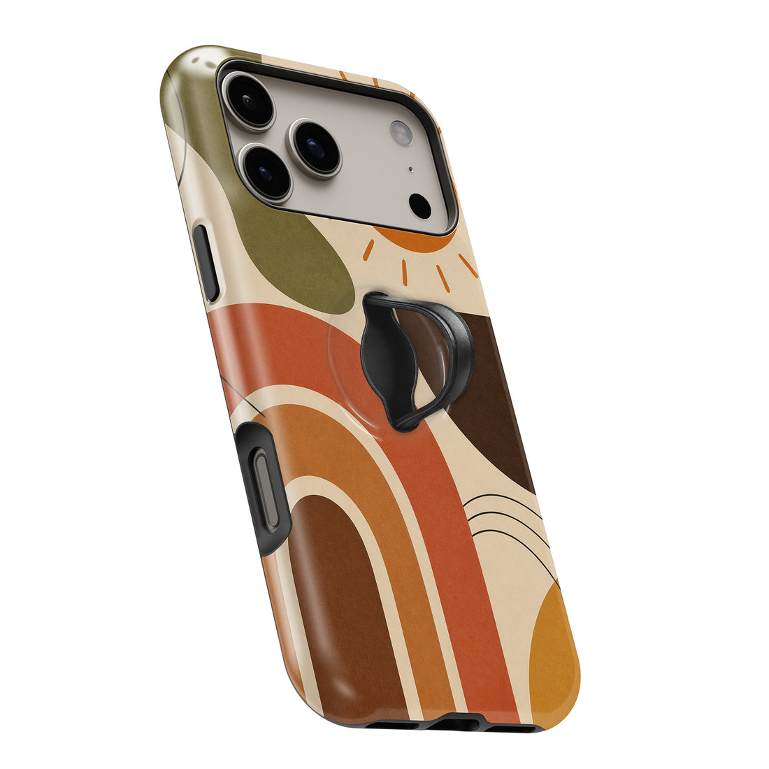 Terracotta Boho Arch MagSafe Loop iPhone case with built-in finger loop open